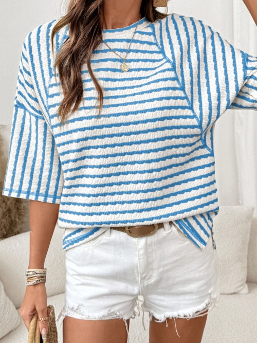 Blue & White Striped Short-Sleeve Knit Top